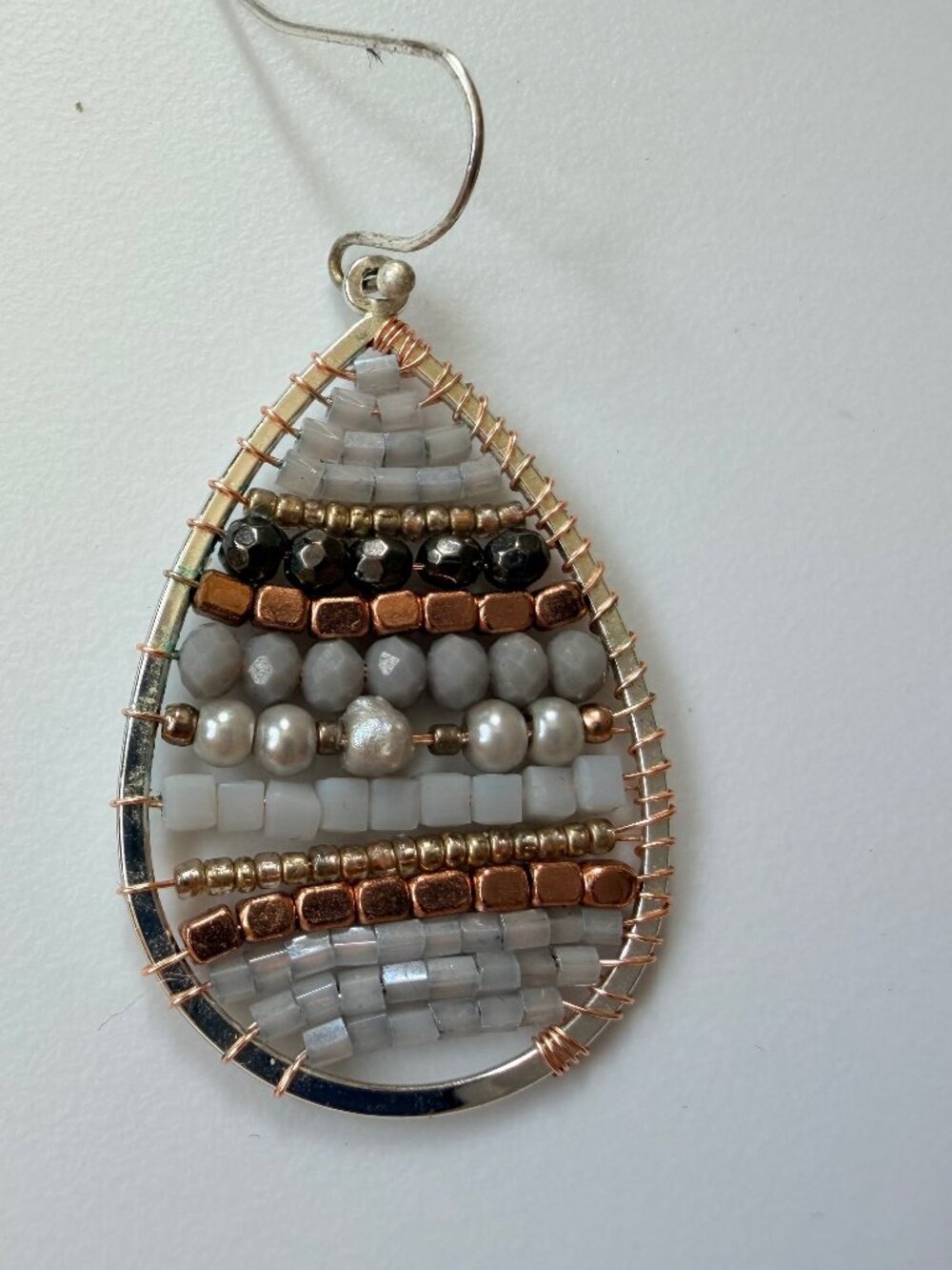 Teardrop beaded copper brown cream white pearl seed bead earrings
